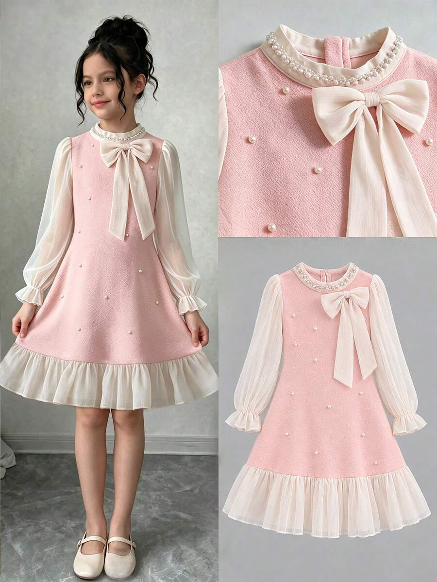 Gaun Anak Perempuan Elegan Berkerah Bulat dengan Hiasan Mutiara dan Pita Besar, Lengan Panjang, Bahan Chiffon - Berwarna merah muda - View 1