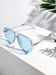 1pc Women's Transparent Blue Spring/Summer Vintage Simple Large Frame Fashion Glasses Suitable For Beach And Travel Use - Transparent Blue - View 2