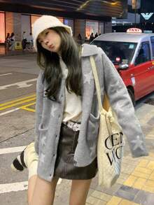 Women's Loose Star Pattern Cardigan Knit Sweater, Autumn/Winter - Grey - View 7