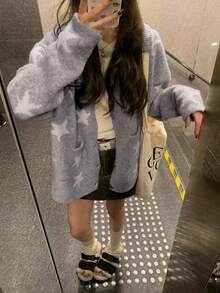 Women's Loose Star Pattern Cardigan Knit Sweater, Autumn/Winter - Grey - View 6
