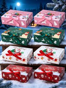 4pcs/1pc Christmas Cardboard Gift Box, Christmas Cake Box, Flip Top Bow Packaging Box, Party Holiday Gift Box, Large Luxury Sturdy Foldable Paper Box, Christmas Party Gift Supplies, Exquisite Gift Box - Multicolor - View 3