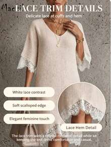 Plus Size Women Fall Winter 5/4 Sleeve Knit Midi Dress, V Neck Lace Splicing Elegant Loose Sweater Dress For Commute & Date - Baby Pink - View 2