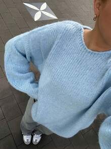 Women's Loose Round Neck Knitted Sweater, Ribbed Knit, Dropped Shoulder Long Sleeve, Light Blue Pullover, Autumn/Winter Style - Sky Blue - View 1