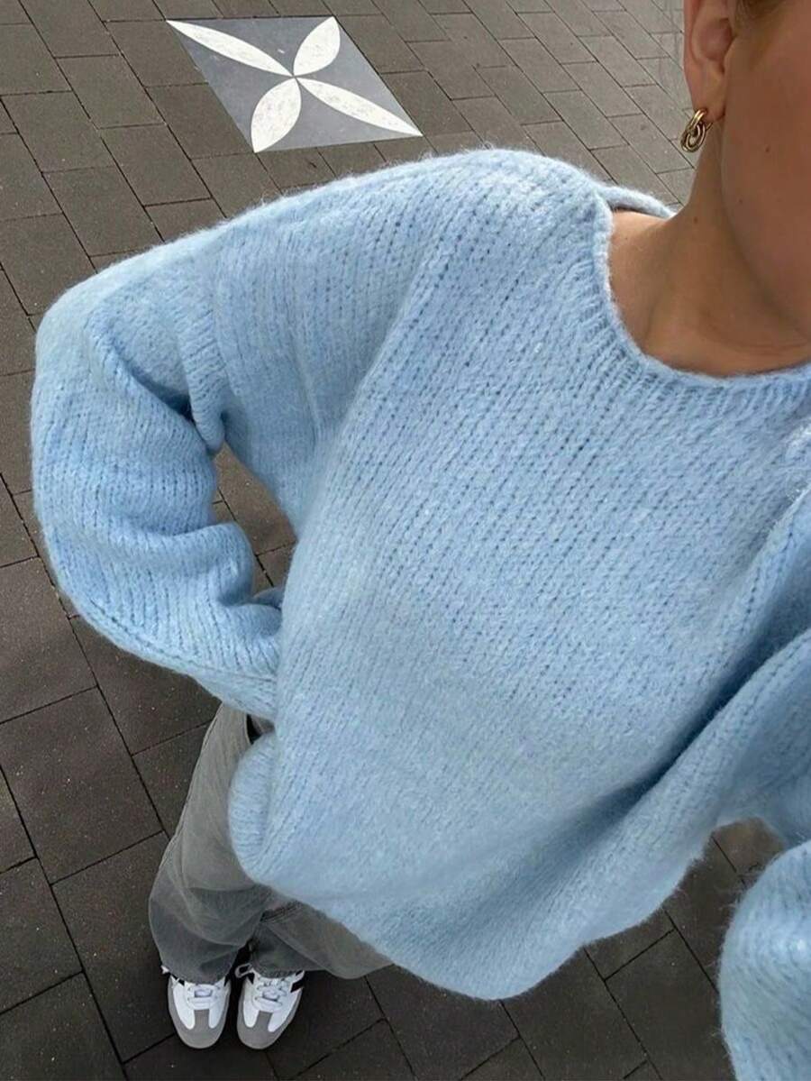 Women's Loose Round Neck Knitted Sweater, Ribbed Knit, Dropped Shoulder Long Sleeve, Light Blue Pullover, Autumn/Winter Style - Sky Blue - View 1