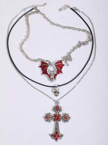3pcs Vintage Gothic Red Bat Cross Skull Halloween Gothic Pendant, Unique Quirky Necklace - Red - View 2