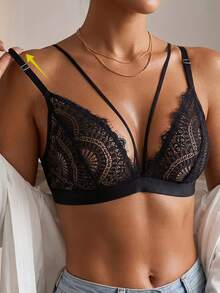 Women's Fashion Deep V Eyelash Lace Bra With Front Tie Lace Patchwork Backless Wire-Free Lingerie - Black - View 6