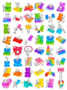 50Pcs Whimsical Gummy Bear Meme Decor Stickers, Colorful Jelly Candy And Cartoon Stick‑Figure Decals, Waterproof PET Material Fun Humorous Decals For Scrapbooking, Water Bottle, Laptop & Daily Stationery Decor - Multicolor - View 6