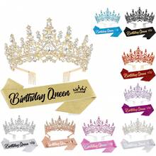 2PCS Birthday Queen Sash And Tiara Set, Rhinestone Crystal Crown With Combs, Birthday Party Event Accessories For Women - Multicolor - View 1