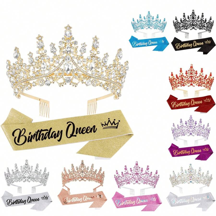 2PCS Birthday Queen Sash And Tiara Set, Rhinestone Crystal Crown With Combs, Birthday Party Event Accessories For Women - Multicolor - View 1