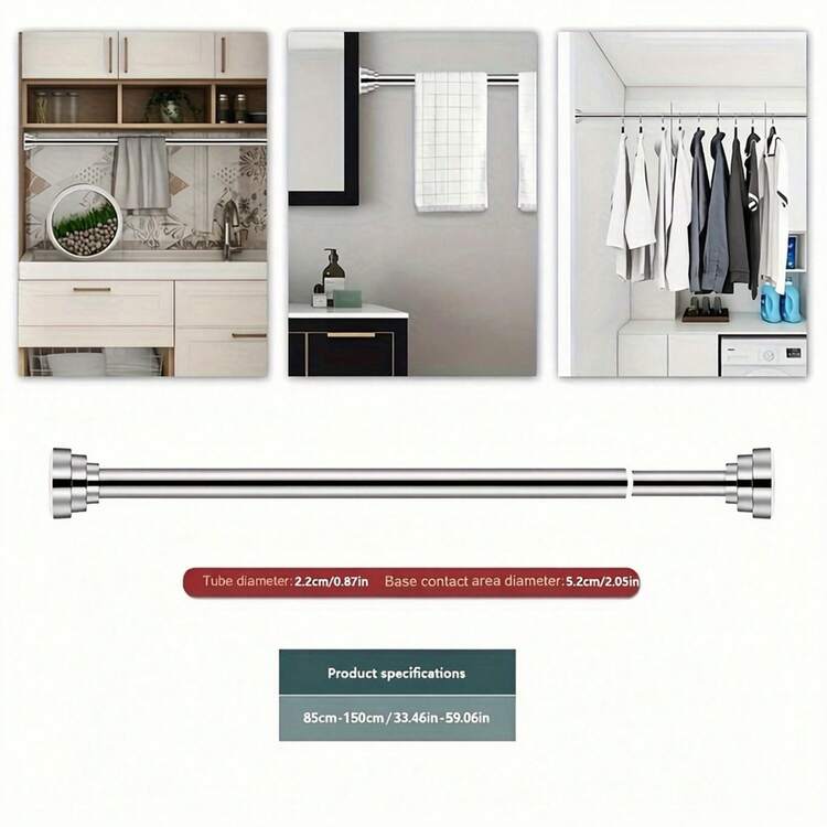 Barra Telescópica para Cortina de Ducha sin Perforación, Barra de Tensión Ajustable de Acero Inoxidable para Baño y Balcón - [acero inoxidable]85cm-150cm - Añade 1