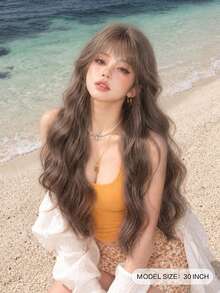 alicegarden 30-Inch Long Synthetic Wig Featuring A Natural Wavy Style In A A Stunning Chocolate-Brown. Designed With Bangs , This False Hairpiece Is Perfect For Ms Daily Party Cosplay Use, Offering A Natural And Natural Durable Wig Gift For Ladies. - Chocolate Brown - View 1