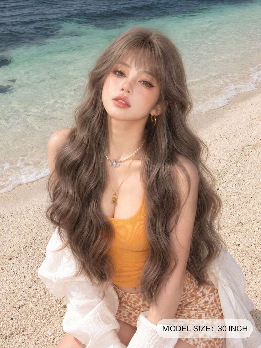 alicegarden 30-Inch Long Synthetic Wig Featuring A Natural Wavy Style In A A Stunning Chocolate-Brown. Designed With Bangs , This False Hairpiece Is Perfect For Ms Daily Party Cosplay Use, Offering A Natural And Natural Durable Wig Gift For Ladies. - Chocolate Brown - View 1