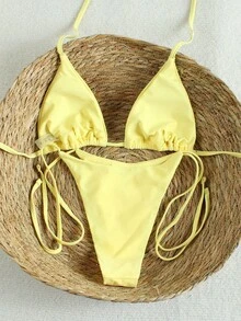 HOTTIE HABIT Women's Bright Yellow, Halter Triangle, 2 Pieces Bikini Set, High Cut, Rivet Detail, Summer Beach Pool Vacation - Yellow - View 6
