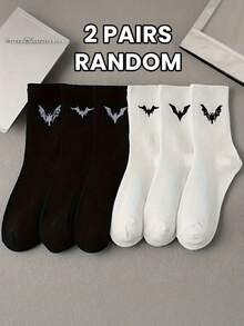 1/2/6/12 Pairs Of Bat Print Socks, Gothic Style, Comfortable Mid Length Socks, Suitable For Daily Wear, Available In Black And White, Autumn Style - Multicolor - View 3