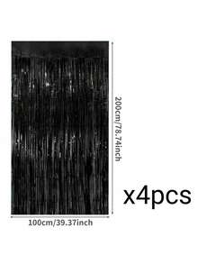 8/4/2/1pc Black Photo Backdrop Party Streamers, For Halloween, Birthday Party, Black Metallic Foil Fringe Curtain, Party Decorations, Wedding Decorations, Christmas Decorations - Black - View 14