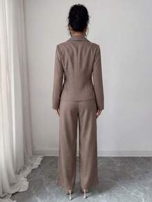 LUNNELUX Women Fall Solid 2 Pieces Lapel Single Button Blazer & High Waist Wide Leg Pants Set, Elegant Office Streetwear 2 Pieces Outfits - Brown - View 2