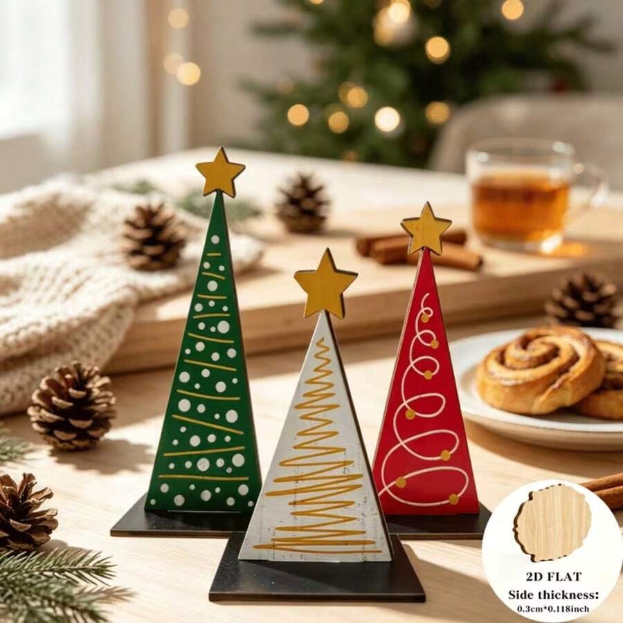 2D Flat, 3pcs Wooden Bohemian Style Christmas Tree Set Decor, With Rustic And Woodland Decorations, Topped With A Star, Suitable For Shelves, Windowsills And Desktops | Warm Holiday Gift For Any Space, Halloween/Christmas Decorations - 3-piece Christmas Tree - View 1