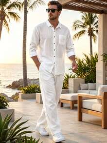 Kolrap Men's Linen Texture Shirt & Pants Set, Long Sleeve Button-Up Top And Drawstring Long Pants 2-Piece Outfit, Summer Beach Vacation Wear - White - View 2