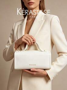 Kérastase White Rectangular PU Makeup Bag With Top Handle, Gold Foil Logo, Large Capacity Travel Toiletry Cosmetic Storage Bag, Skincare Organizer Gift Bag - White - View 6