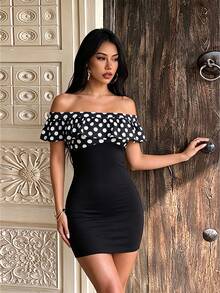 Da Jade Women Chic Off Shoulder Polka Dot Ruffle Mini Dress Contrast Patchwork Slim Fit Soft Versatile Elegant Night Out Date Night Party Club Outfit - Black - View 5