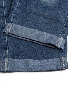 Young Boy Simple Light Blue Wide Leg Neutral Denim Overalls With Adjustable Shoulder Straps, Versatile Wide Leg Dungarees, All-Season Style, Without T-Shirt - Dark Wash - View 8