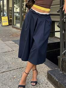 Celana Capri Wanita Model Lebar dari Kain Tenun, Tidak Melar, Celana Lebar Modis, Menciptakan Tampilan Gaya Vintage - Navy Blue - View 4