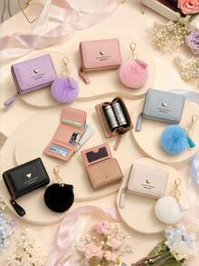 Dompet Kecil Wanita Lucu dengan Gantungan Kunci Pom Pom, Dompet Pendek Kulit PU Bentuk Hati yang Manis, Set Hadiah Dompet Koin Mini dengan Banyak Slot Kartu - MultiWarna - View 5