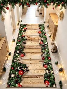 1pc Christmas Wooden Hallway Runner Rug, Corridor Long Strip Carpet, Area Rug, Mat, Home Decor, Living Room Area Rug, Living Room Home Decor, Room Decor, Washable Carpet - Multi-color a - View 2