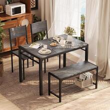 Juego de Comedor de 4 Piezas Lavado Gris 110.2x69.9x74.9 cm| Mesa de Cocina Rectangular con 2 Sillas y Banco Largo con Estante Inferior| Diseño Industrial de Metal Negro para Espacio Pequeño| Fácil de Armar - Gris Oscuro - Ver 4