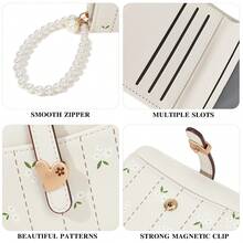 Women's Short PU Wallet, Fresh Floral Card Holder With Pearl Chain, Multi-Functional Coin Purse, Premium Cute Cartoon Card Holder - Multicolor - View 3