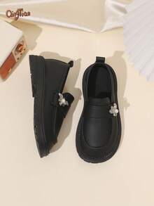 1 Pair Fashionable Cute Bow PU Pearl Hook Loop Non-Slip Durable Comfortable Versatile Girls' Flat Shoes, Suitable For Spring/Autumn Outdoor, Daily, Party And School Wear, Mary Jane Loafers - Black - View 2