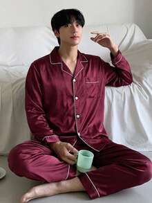 DAZY Men's Sleepwear Set, Long Sleeve Shirt And Long Pants, Minimalist Casual Solid Color Cardigan Button-Up Silk Pajamas - Burgundy - View 6