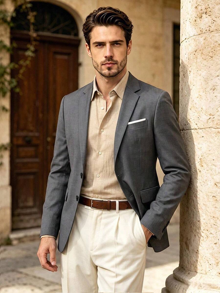 Men's Slim Fit Blazer, Business Casual, Versatile Jacket Suitable For Formal Occasions - Grey - View 1