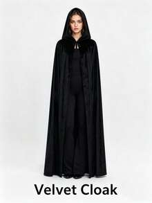 1pc Black Velvet Hooded Cape, Halloween Cloak, Halloween Cosplay Costume - Black - View 1