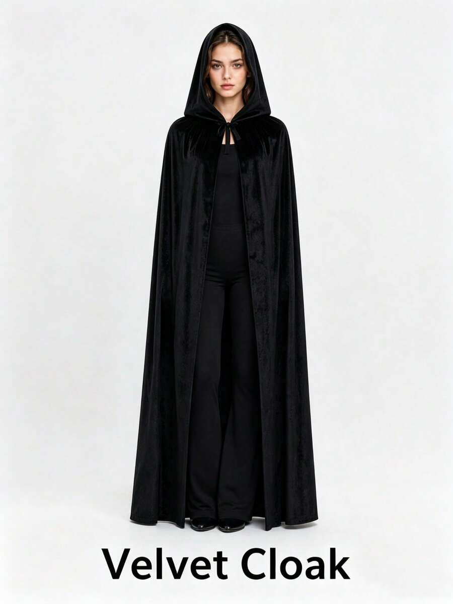 1pc Black Velvet Hooded Cape, Halloween Cloak, Halloween Cosplay Costume - Black - View 1