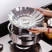 [Rejilla de vapor de acero inoxidable] 1 pieza de rejilla plegable de acero inoxidable con separador de agua para cocinar al vapor, diseño ajustable con bandeja de goteo para cocinar frutas y verduras, cesta para cocinar mariscos. - Ver 4