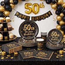 10/20/40/50/60/80 Pcs,50 Years Old Birthday Party Disposable Tableware Set,Black Gold Firework Gift Balloon Print 7 Inch & 9 InchPaper Plates Cup Napkins,Party Table Decor For 50 Years Old Milestone Celebration,Adult Birthday Banquet - Black 50 - View 5