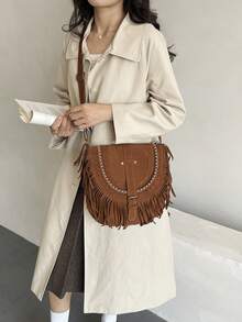Faux Suede Tassel Bag Vintage Brown Retro Versatile Bohemian Crossbody Bag - Brown - View 8