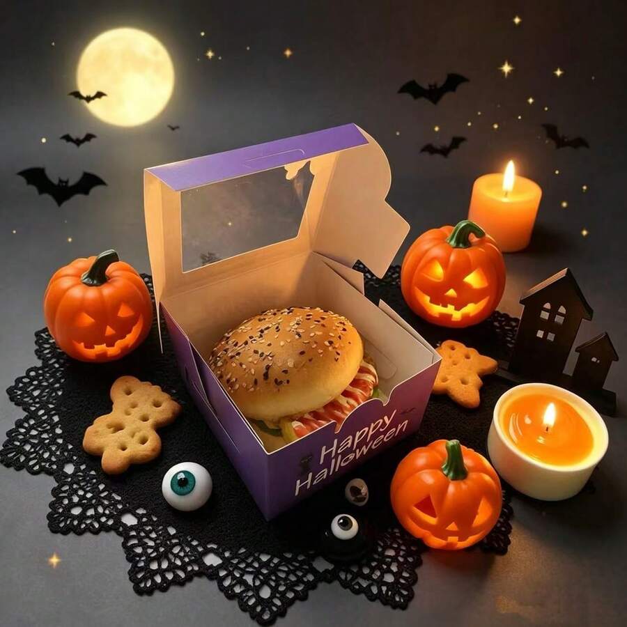 5pcs 4x4x2.5 Inch Clear Window Pastry Boxes, Paper Halloween Gift Packaging Boxes, Dark Fun Style With Bat And Pumpkin Print, Square Flip Top Paper Boxes For Party Mini Cakes, Donuts, Cookies, Desserts - Multicolor - View 1