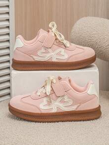 Kids Girls Sneakers, Hook‑Loop Closure German Training Shoes, Sweet Double‑Heart Bow, Breathable Upper, Thickened Insole, Wide Fit School Shoes - Pink - View 3