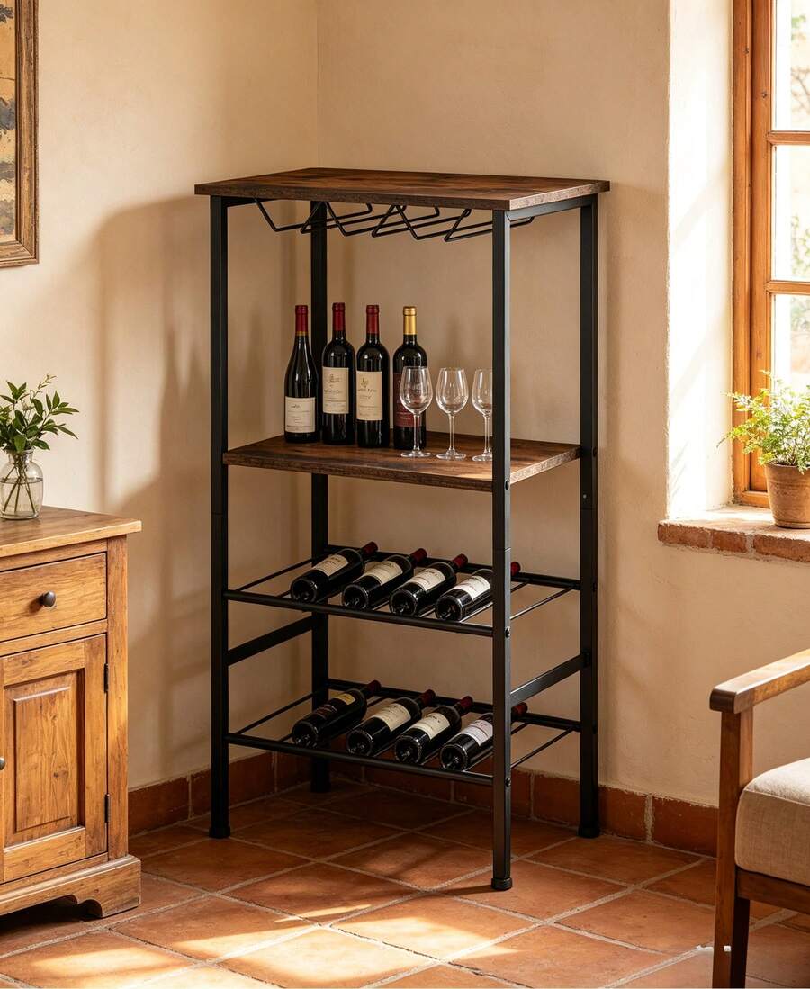 Estante para Vino de Pie de Madera y Metal, Botellero Vertical con Capacidad para 8 Botellas, Organizador para Copas y Accesorios de Bar, Ideal para Sala, Comedor, Cocina y Bar Casero, Diseño Rústico, Estructura Resistente y Fácil Montaje - Marrón - Ver 1