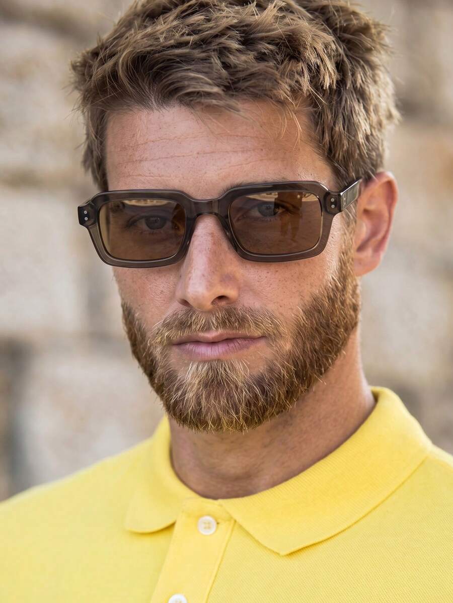 1 Pair Men's Grey Tea Square Minimalist Solid Color Rivet Decor Fashion Glasses - Grey Tea Frame - View 1