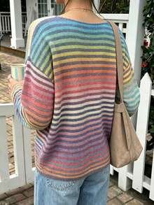 Niche Design Colorful Horizontal Striped Loose Drop Shoulder Drop Shoulder Knit Sweater - Multicolor - View 2