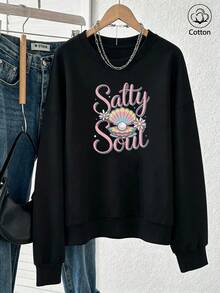 Women's Loose Fit Crewneck Sweatshirt With Salty Soul Text Print, Shell & Flower Patterns, Long Sleeve Pullover - Black - View 3