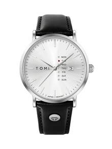 TOMI 1件裝 男士超薄極簡石英手錶，附日期顯示，PU皮革錶帶，高級小眾風格，適合日常配戴，節日禮物，年終聖誕 - 黑色 - 查看 7