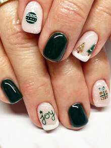Christmas Green Nails: 24Pcs Short, Square Press-On Nails, Y2K Gift Box Design Fake Nail Set, Suitable For Women's Nail Salons, Christmas Outfits, And Holiday Gifts - Multicolor - View 1