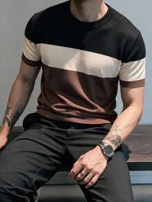 1pc Men's Striped Round Neck T-Shirt, Slim Fit Short Sleeve Knit Sweater, Contrast Color New Arrival Short Sleeve Knit Top - Brown - View 5