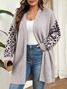Women's Plus Size Leopard Print Cardigan, Long Sleeve Dropped Shoulder Knit Sweater, Suitable For Autumn - Grey - View 4