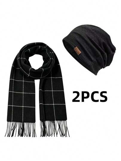 2PCS Multi-Color Optional Men's Autumn/Winter Warm Classic Plaid Scarf & Knit Beanie Set, Business Casual Thick Tassel Scarf & Warm Cold Hat Combination