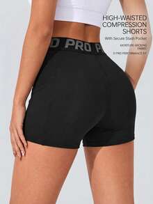 Letter Print Waistband Sports Shorts, Side Pockets High Elastic Tummy Control Fitness Workout Cycling Shorts - Black - View 2